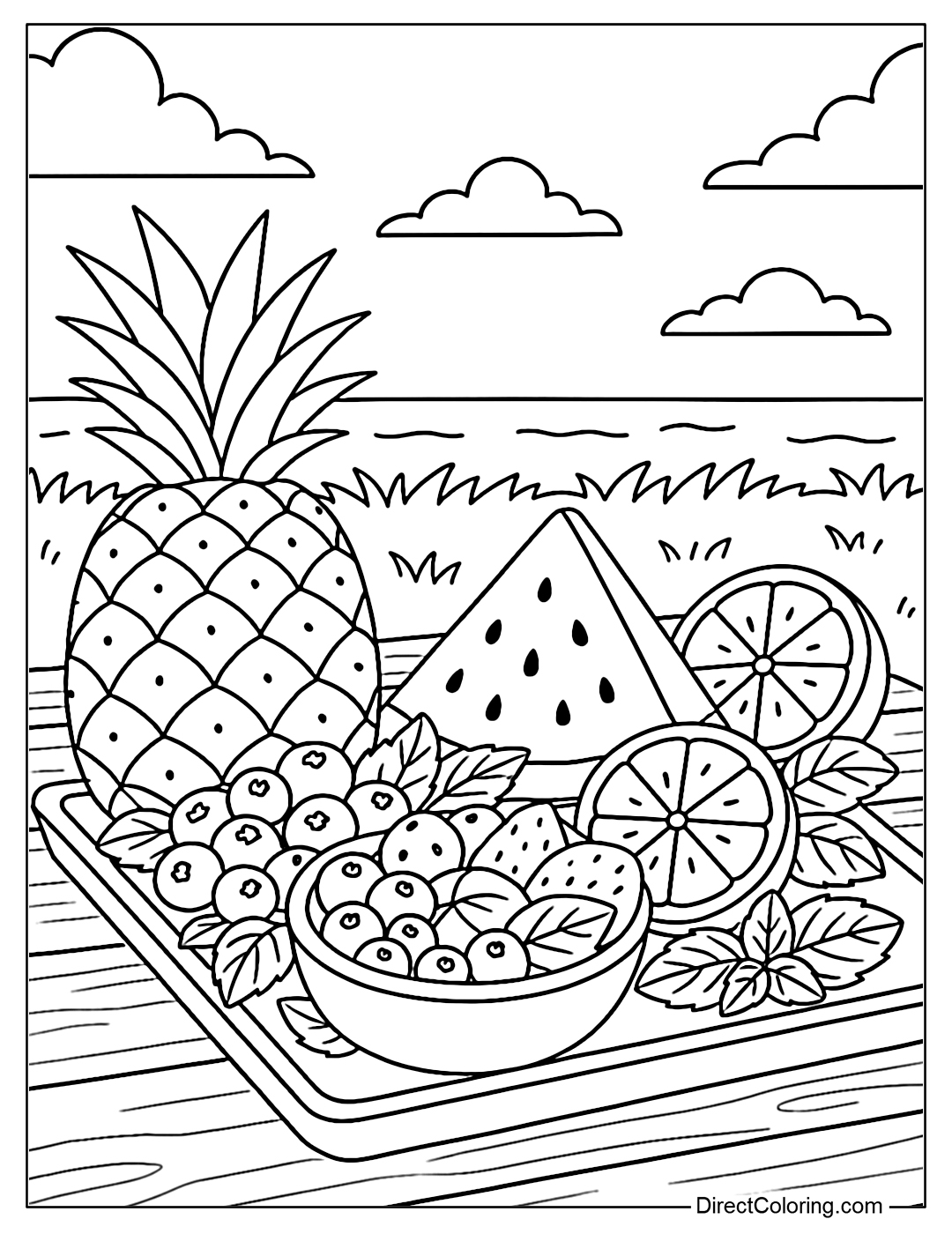 Large fruit platter coloring page in the middle of the picnic table: pineapple, watermelon, orange, blueberries and mint leaves for decoration.